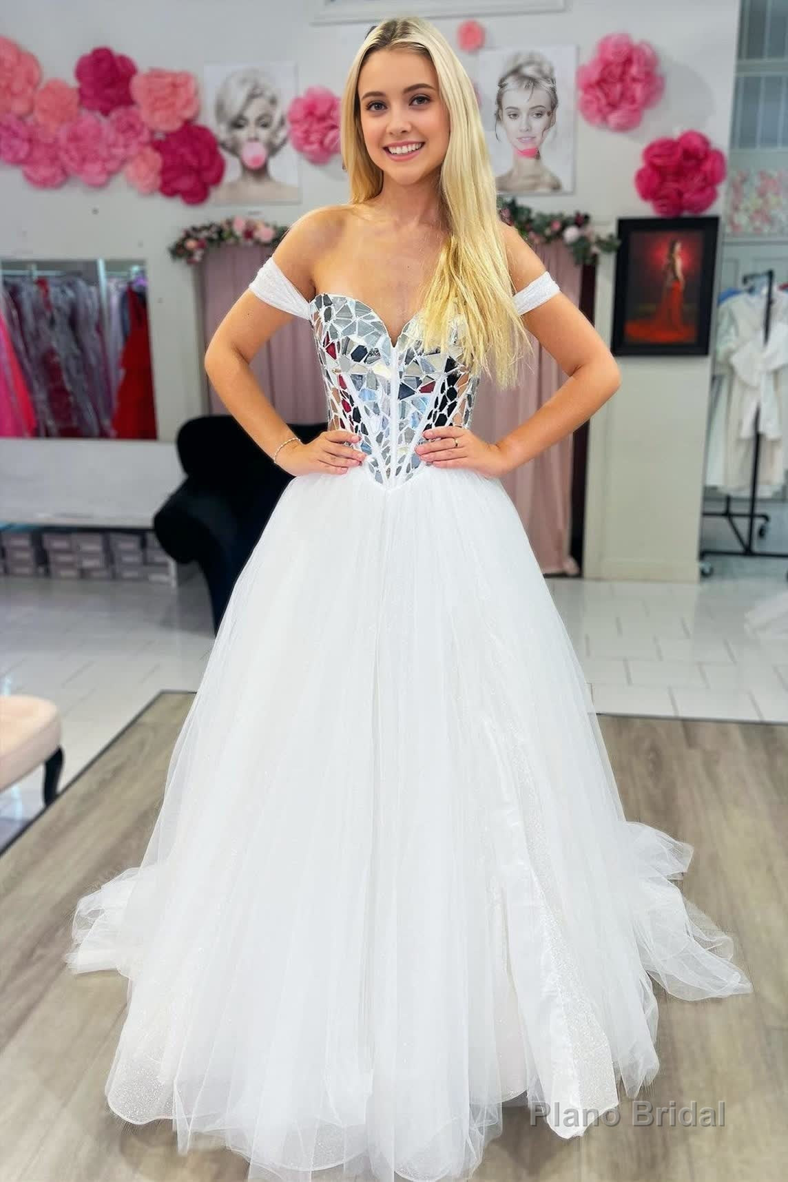A line Off the Shoulder Sequins Tulle Prom Dress Main image