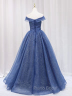 A Line Off the Shoulder Shiny Blue Long Formal Prom Dresses, Off Shoulder Shiny Blue Formal Evening Dresses