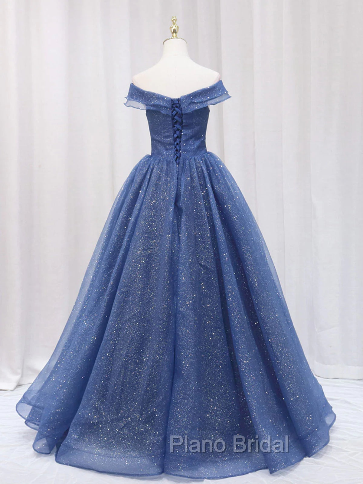 A Line Off the Shoulder Shiny Blue Long Formal Prom Dresses, Off Shoulder Shiny Blue Formal Evening Dresses Secondary image