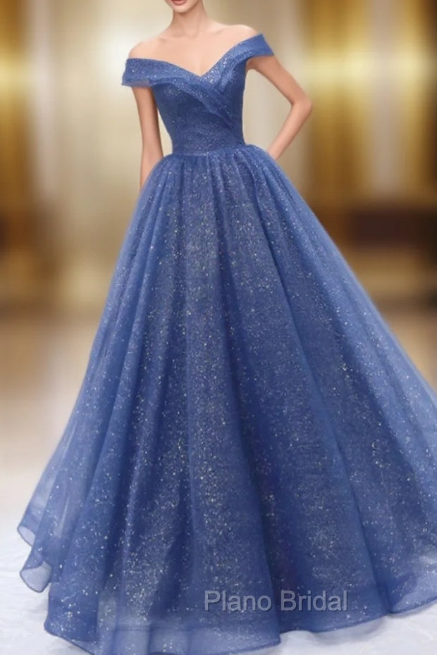 A Line Off the Shoulder Shiny Blue Long Formal Prom Dresses, Off Shoulder Shiny Blue Formal Evening Dresses Main image