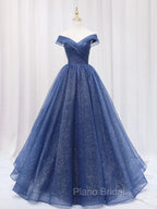 A Line Off the Shoulder Shiny Blue Long Formal Prom Dresses, Off Shoulder Shiny Blue Formal Evening Dresses