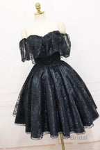 A-Line Off The Shoulder Short Black Lace Homecoming Dresses