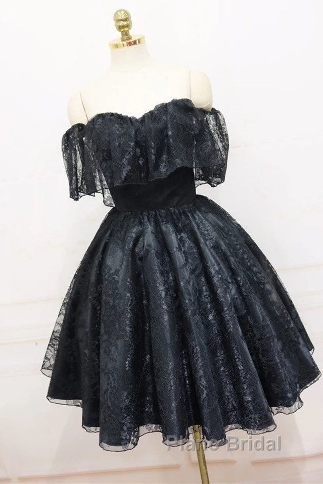 A-Line Off The Shoulder Short Black Lace Homecoming Dresses