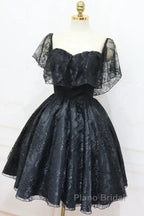 A-Line Off The Shoulder Short Black Lace Homecoming Dresses
