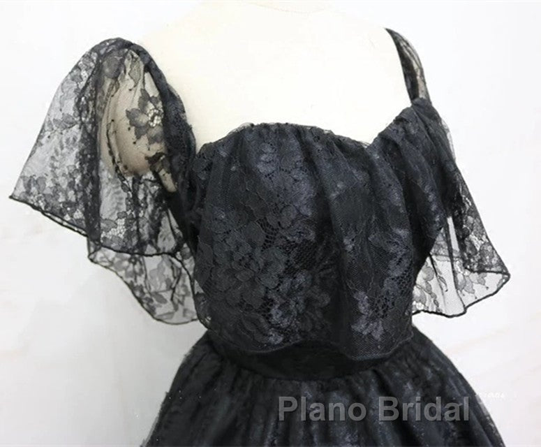 A-Line Off The Shoulder Short Black Lace Homecoming Dresses