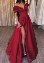 A-line Off-the-Shoulder Short Sleeve Satin Long/Floor-Length Prom Dresses With Ruffles Split