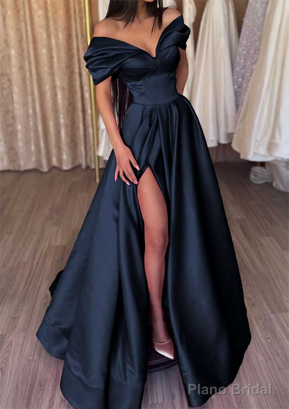 A-line Off-the-Shoulder Short Sleeve Satin Long/Floor-Length Prom Dresses With Ruffles Split