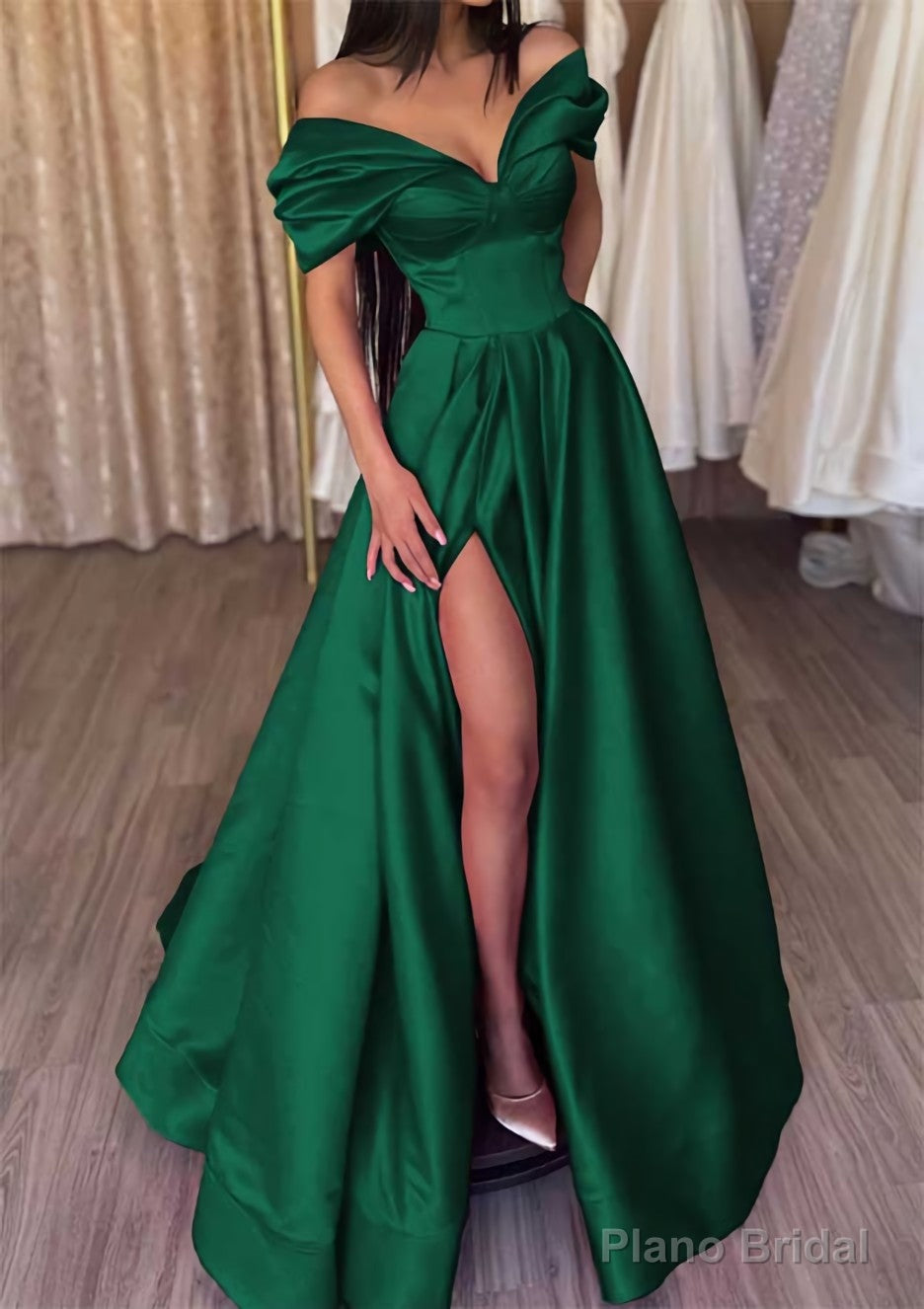 A-line Off-the-Shoulder Short Sleeve Satin Long/Floor-Length Prom Dresses With Ruffles Split