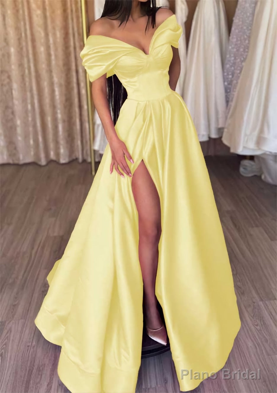 A-line Off-the-Shoulder Short Sleeve Satin Long/Floor-Length Prom Dresses With Ruffles Split