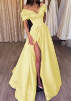 A-line Off-the-Shoulder Short Sleeve Satin Long/Floor-Length Prom Dresses With Ruffles Split