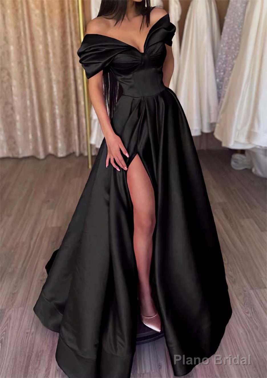 A-line Off-the-Shoulder Short Sleeve Satin Long/Floor-Length Prom Dresses With Ruffles Split