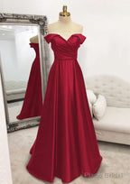 A-line Off-the-Shoulder Sleeveless Long/Floor-Length Satin Prom Dresses With Pleated