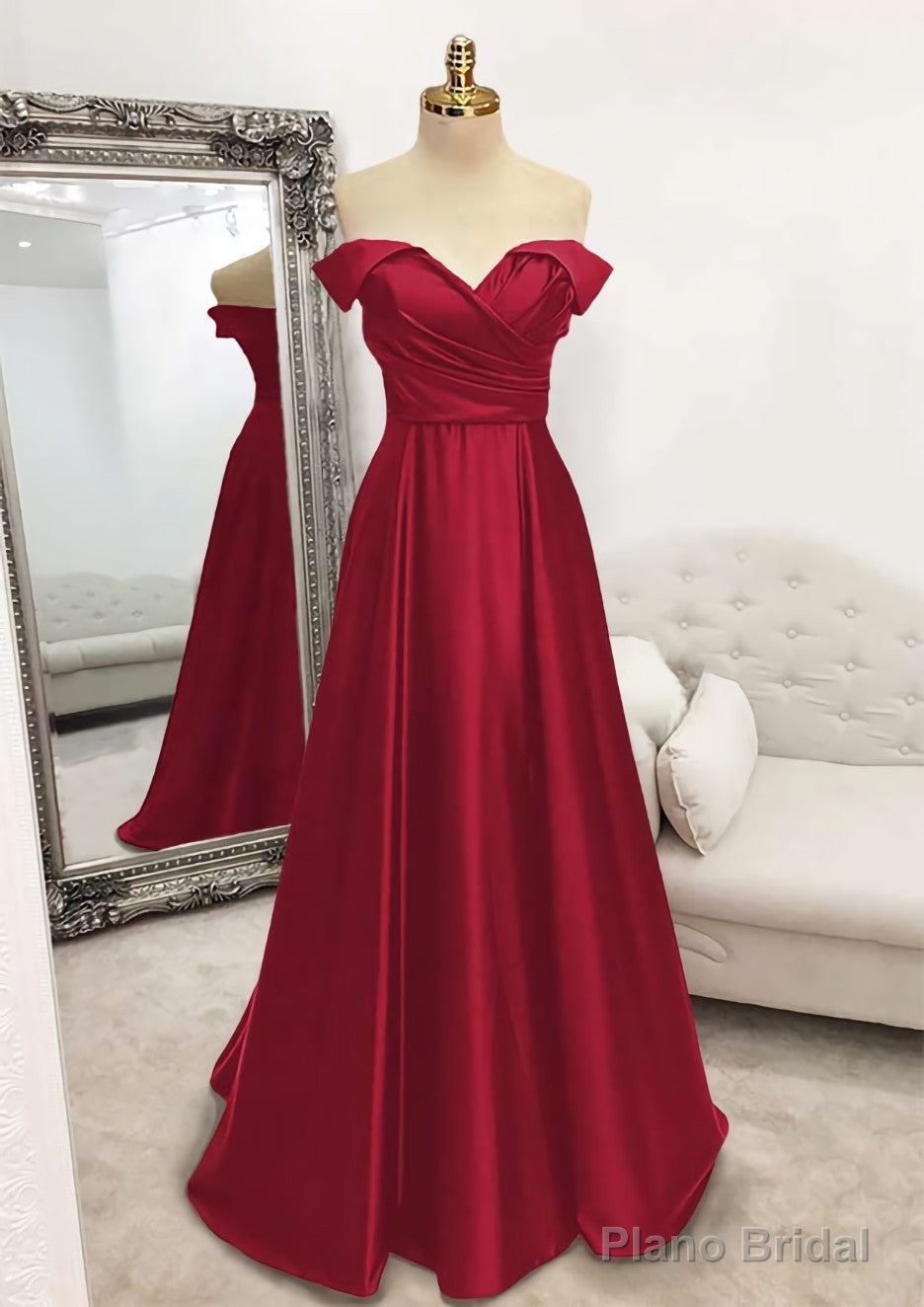 A-line Off-the-Shoulder Sleeveless Long/Floor-Length Satin Prom Dresses With Pleated