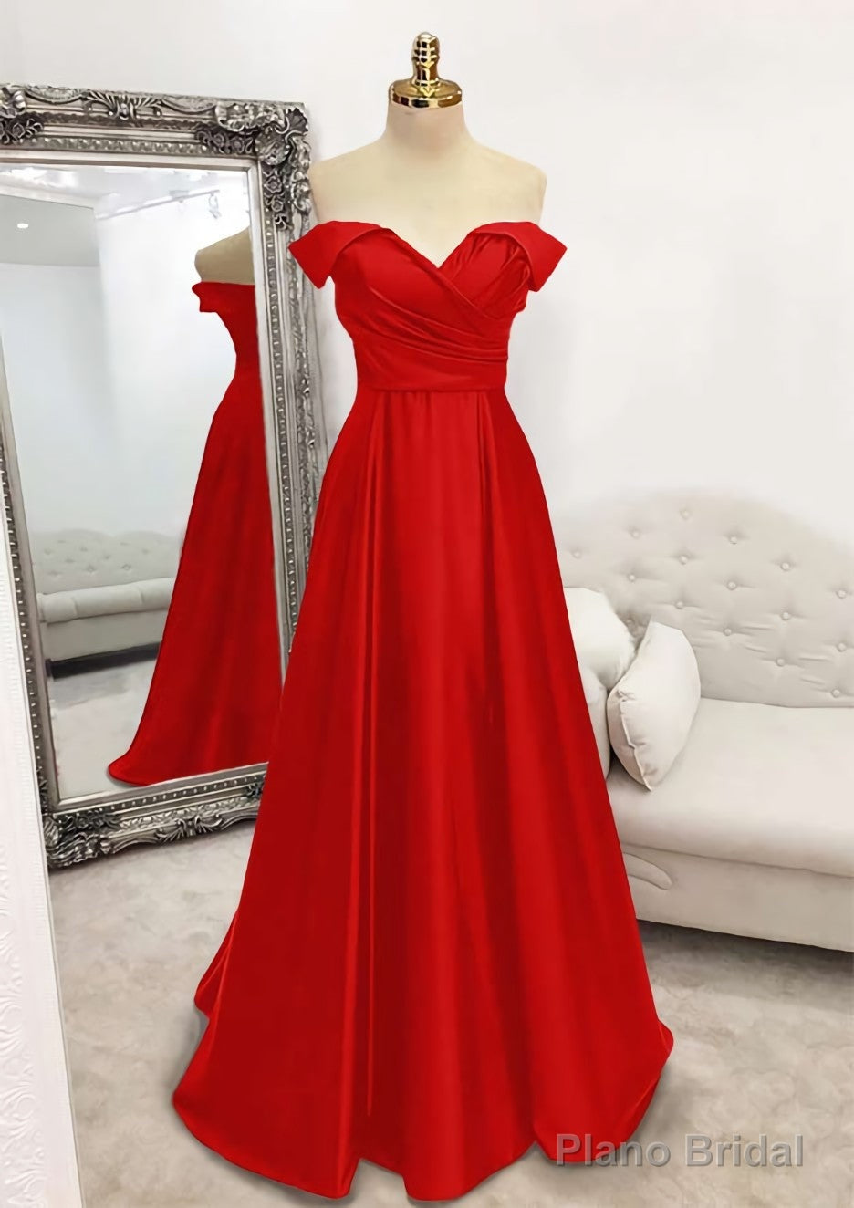 A-line Off-the-Shoulder Sleeveless Long/Floor-Length Satin Prom Dresses With Pleated