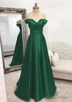 A-line Off-the-Shoulder Sleeveless Long/Floor-Length Satin Prom Dresses With Pleated