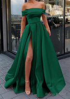 A-line Off-the-Shoulder Sleeveless Long/Floor-Length Satin Prom Dresses With Split