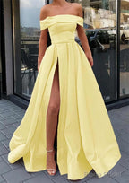 A-line Off-the-Shoulder Sleeveless Long/Floor-Length Satin Prom Dresses With Split