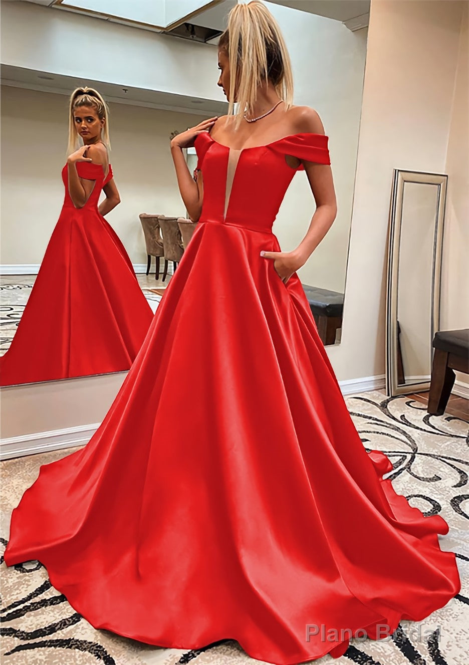 A-line Off-the-Shoulder Sleeveless Satin Sweep Train Prom Dresses With Pockets
