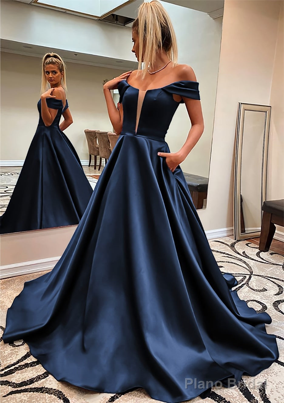 A-line Off-the-Shoulder Sleeveless Satin Sweep Train Prom Dresses With Pockets Secondary image