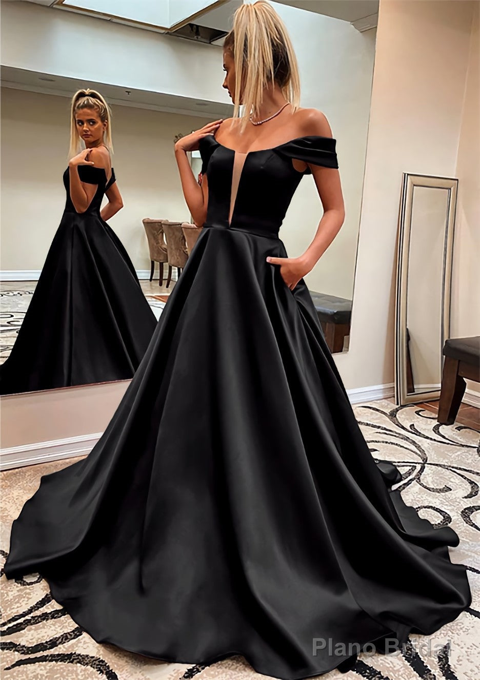 A-line Off-the-Shoulder Sleeveless Satin Sweep Train Prom Dresses With Pockets