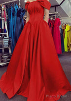 A-line Off-the-Shoulder Strapless Long/Floor-Length Satin Prom Dresses With Pleated Pockets