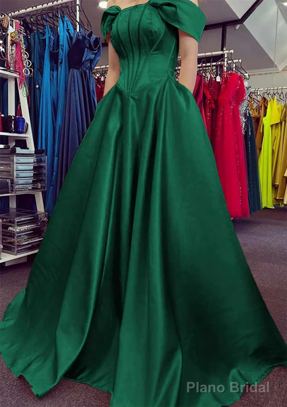 A-line Off-the-Shoulder Strapless Long/Floor-Length Satin Prom Dresses With Pleated Pockets