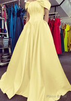 A-line Off-the-Shoulder Strapless Long/Floor-Length Satin Prom Dresses With Pleated Pockets