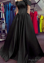 A-line Off-the-Shoulder Strapless Long/Floor-Length Satin Prom Dresses With Pleated Pockets