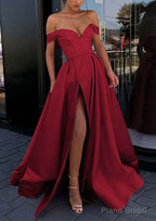 A-line Off-the-Shoulder Strapless Long/Floor-Length Satin Prom Dresses With Split