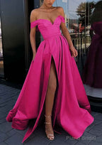 A-line Off-the-Shoulder Strapless Long/Floor-Length Satin Prom Dresses With Split