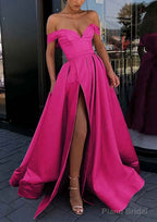 A-line Off-the-Shoulder Strapless Long/Floor-Length Satin Prom Dresses With Split