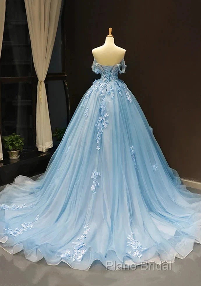 A-Line Off-The-Shoulder Sweetheart Sweep Train Tulle Formal Prom Dresses, Sky Blue Applique Wedding Dresses Secondary image