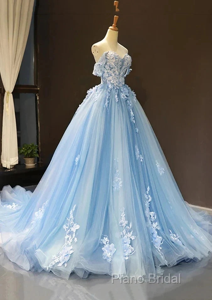 A-Line Off-The-Shoulder Sweetheart Sweep Train Tulle Formal Prom Dresses, Sky Blue Applique Wedding Dresses