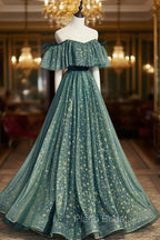 A-Line Off the Shoulder Tulle Long Formal Prom Dresses, Green Evening Party Dresses