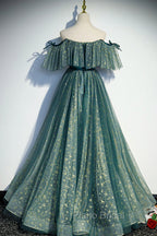 A-Line Off the Shoulder Tulle Long Formal Prom Dresses, Green Evening Party Dresses