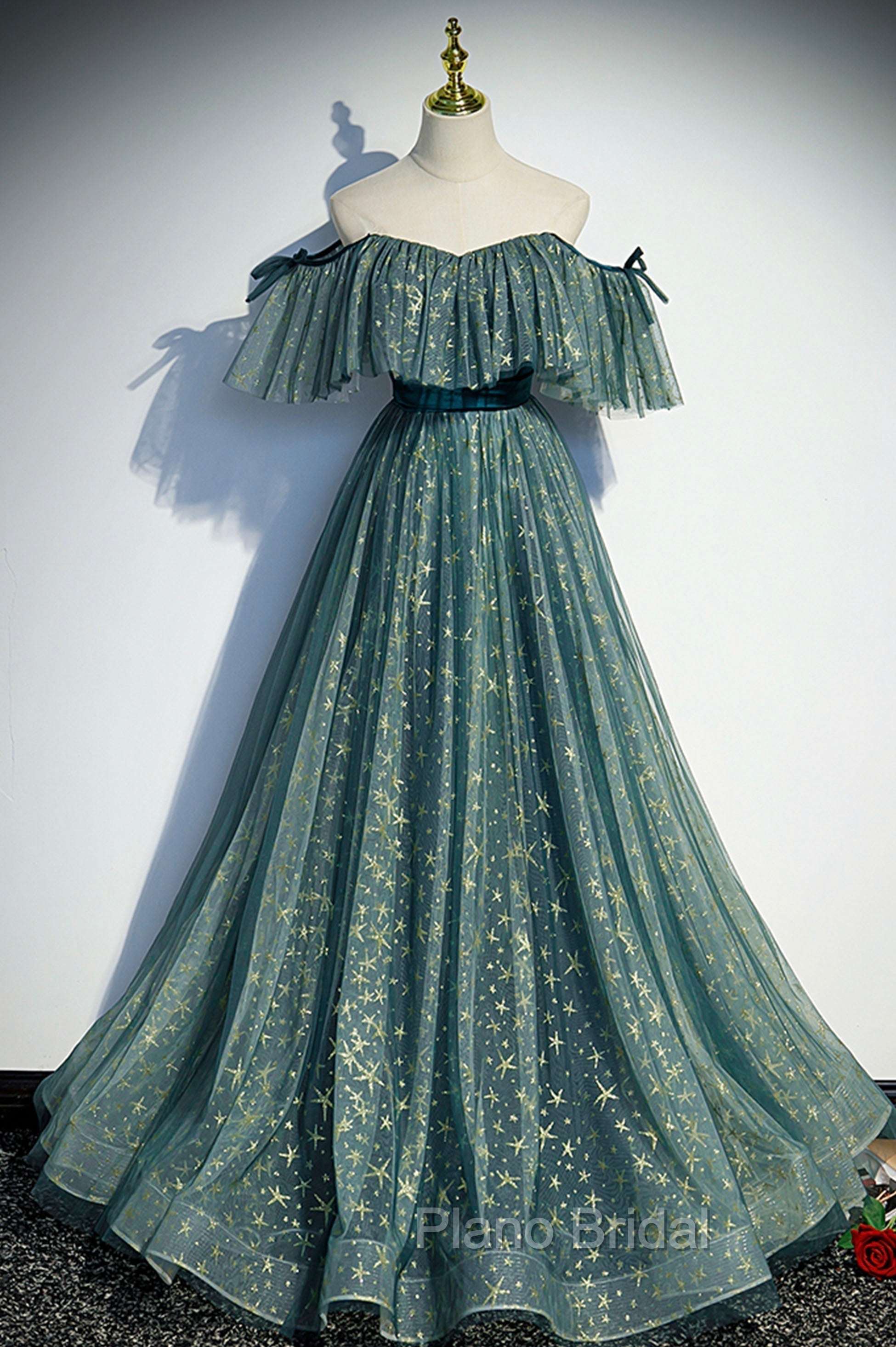 A-Line Off the Shoulder Tulle Long Formal Prom Dresses, Green Evening Party Dresses