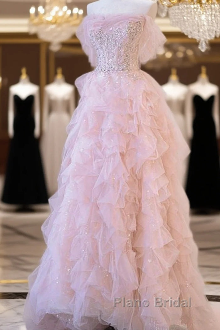 A Line Off The Shoulder Tulle Pink Tiered Formal Prom Dresses Evening Dresses Main image