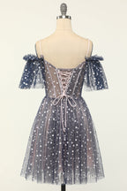 A-line Off-the-shoulder Tulle Short/Mini Short Formal Prom Dresses With Ruffles