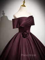 A-Line Off the Shoulders Satin Maroon Long Formal Prom Dresses, Maroon Long Formal Dresses