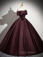 A-Line Off the Shoulders Satin Maroon Long Formal Prom Dresses, Maroon Long Formal Dresses