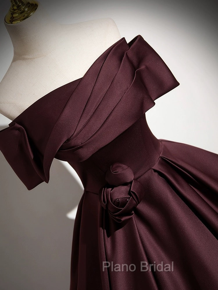 A-Line Off the Shoulders Satin Maroon Long Formal Prom Dresses, Maroon Long Formal Dresses