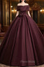 A-Line Off the Shoulders Satin Maroon Long Formal Prom Dresses, Maroon Long Formal Dresses