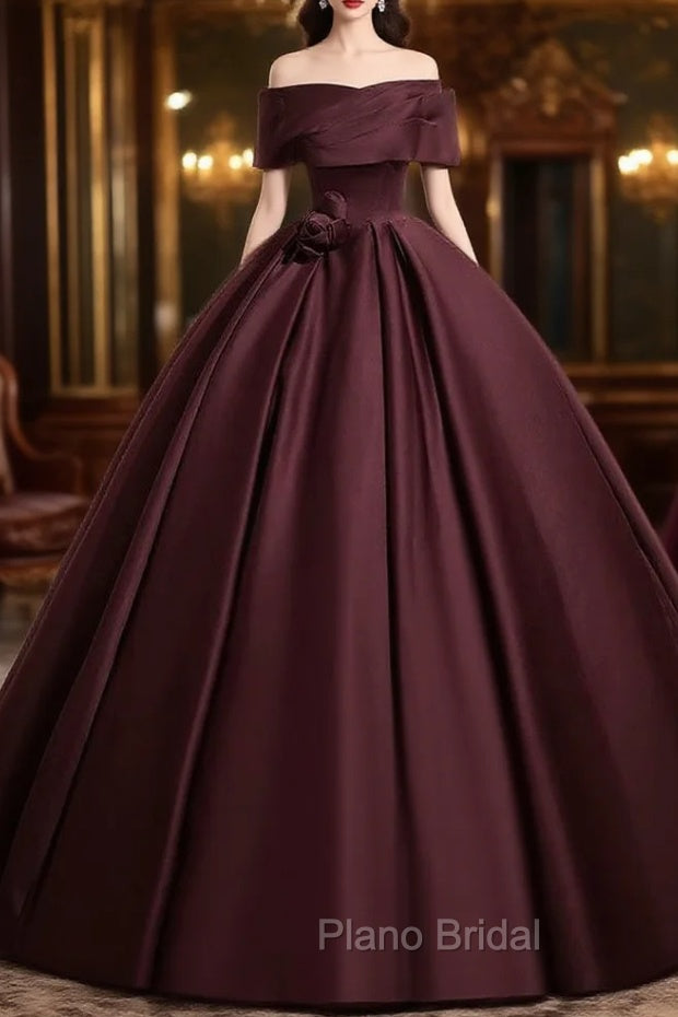A-Line Off the Shoulders Satin Maroon Long Formal Prom Dresses, Maroon Long Formal Dresses Main image