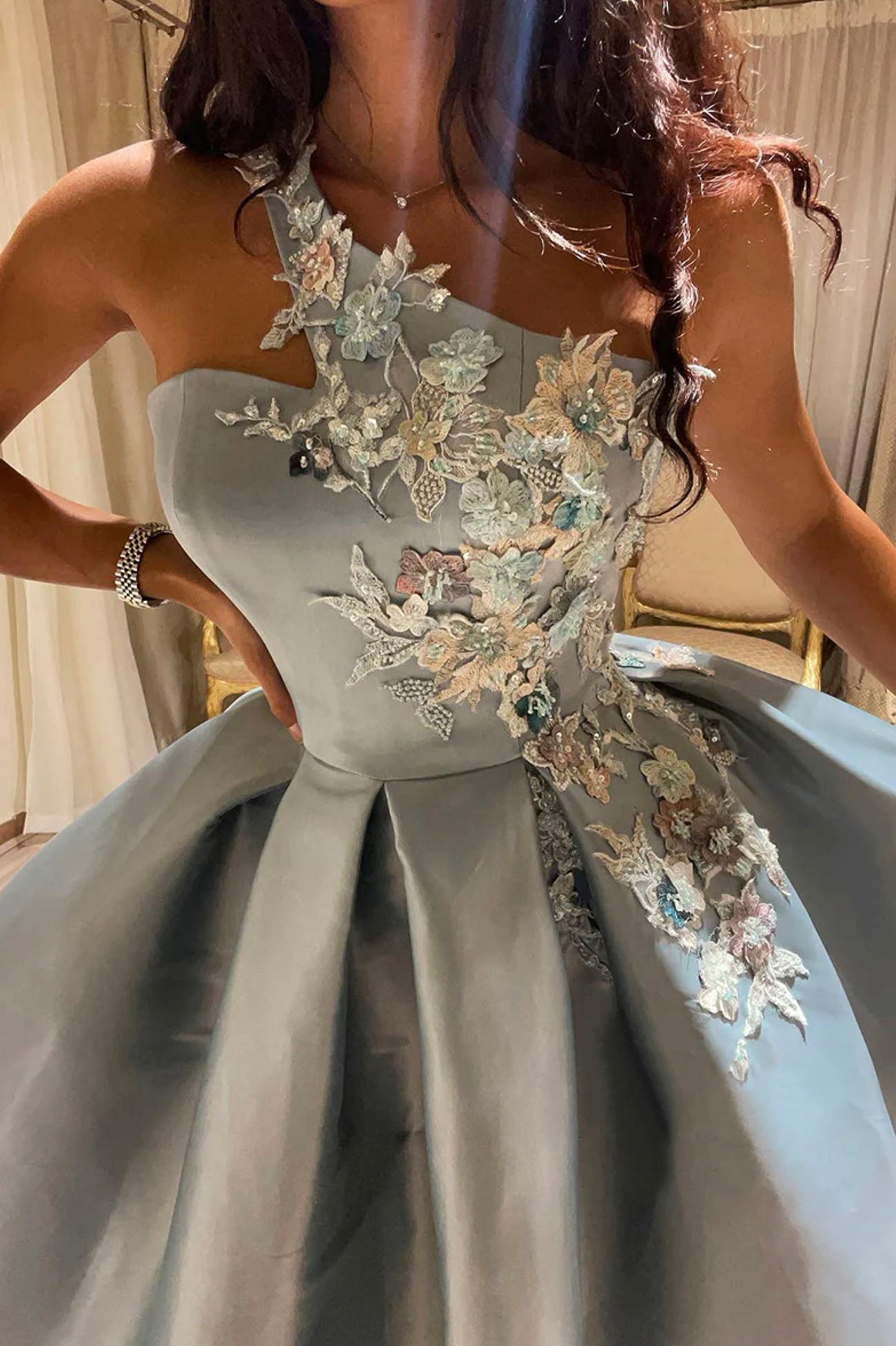 Cute One Shoulder Satin Lace Short Formal Prom Dresses, A-Line Party Dresses Secondary image