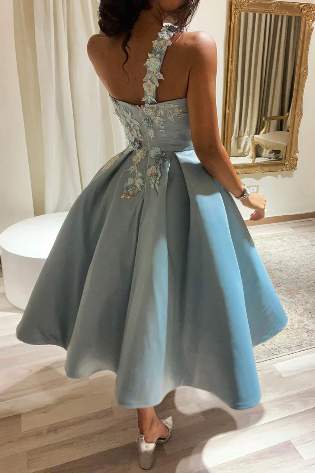 Cute One Shoulder Satin Lace Short Formal Prom Dresses, A-Line Party Dresses