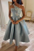 Cute One Shoulder Satin Lace Short Formal Prom Dresses, A-Line Party Dresses
