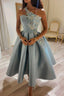 Cute One Shoulder Satin Lace Short Formal Prom Dresses, A-Line Party Dresses