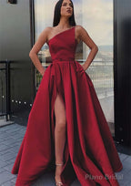 A-line One-Shoulder Long/Floor-Length Satin Prom Dresses With Pockets Waistband Split