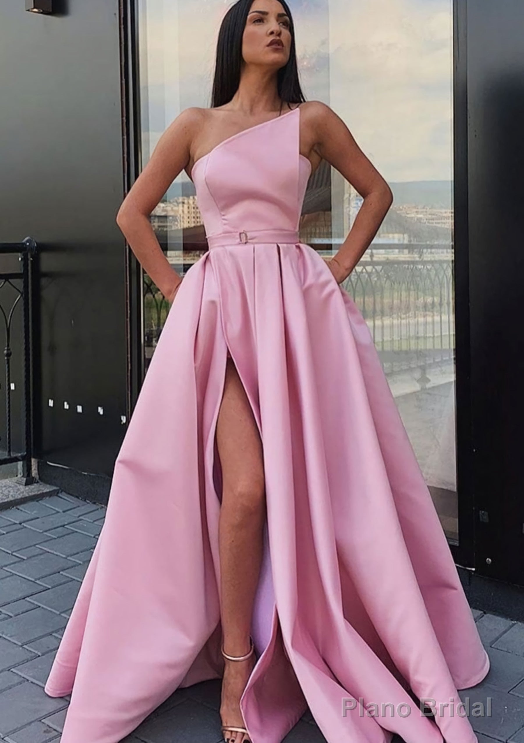 A-line One-Shoulder Long/Floor-Length Satin Prom Dresses With Pockets Waistband Split Main image