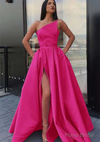A-line One-Shoulder Long/Floor-Length Satin Prom Dresses With Pockets Waistband Split